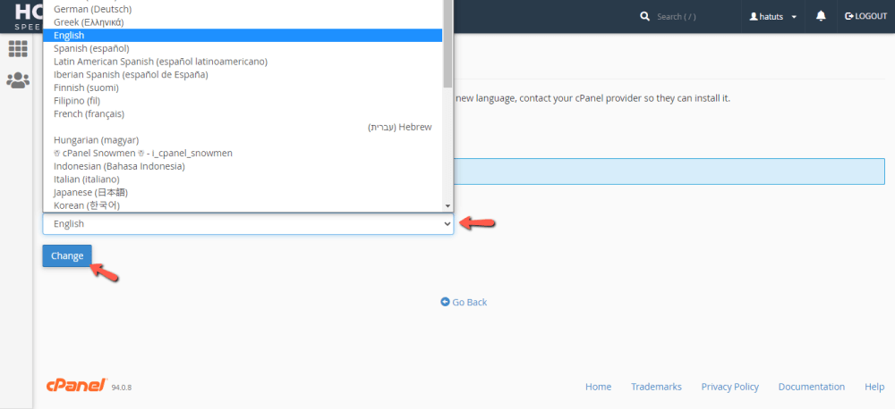 Change cPanel Control Panel Language