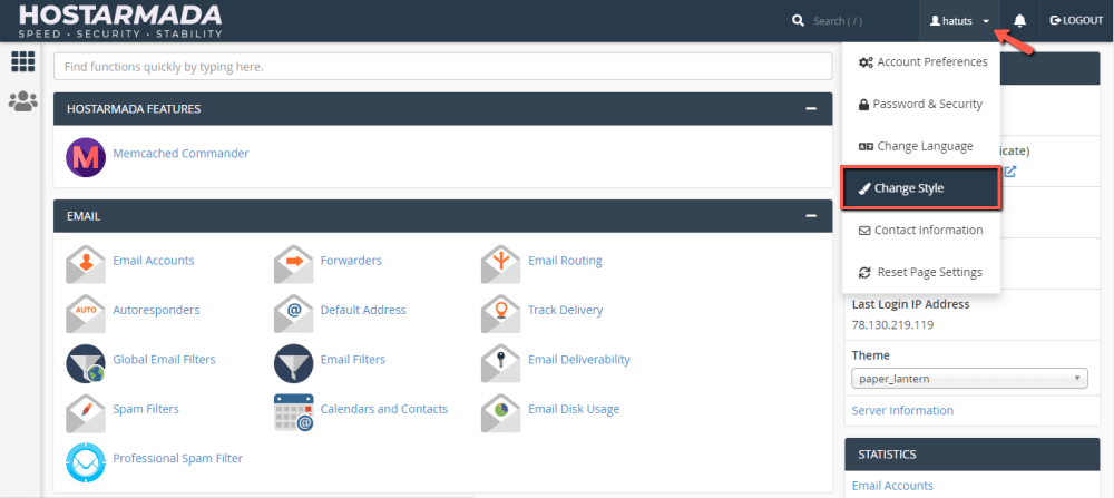 Access the cPanel Change Style feature
