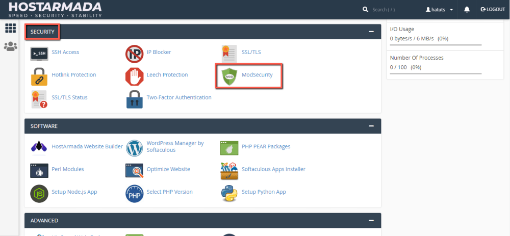 Access the Modsecurity feature in cPanel