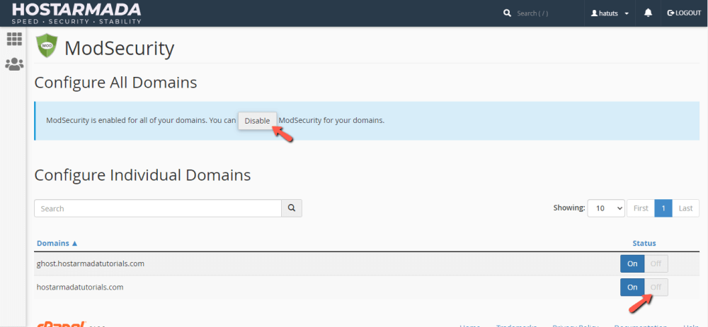 Enable or Disable Modsecurity for all or particular domain names