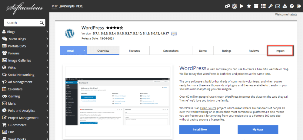 Import an individual WordPress installation is Softaculous