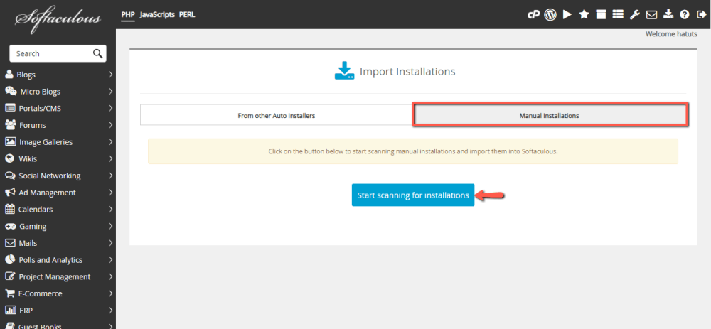Scan for manual application installations in Softaculous