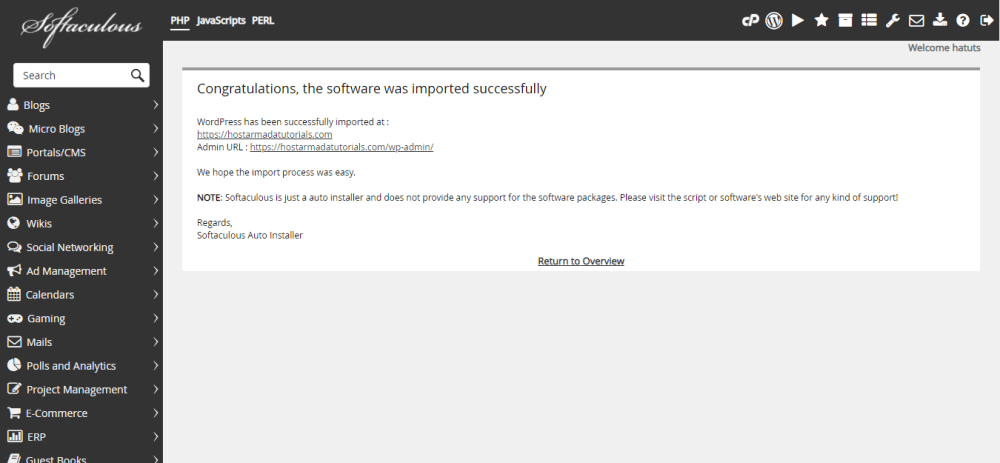 An individual WordPress Installation successfully imported
