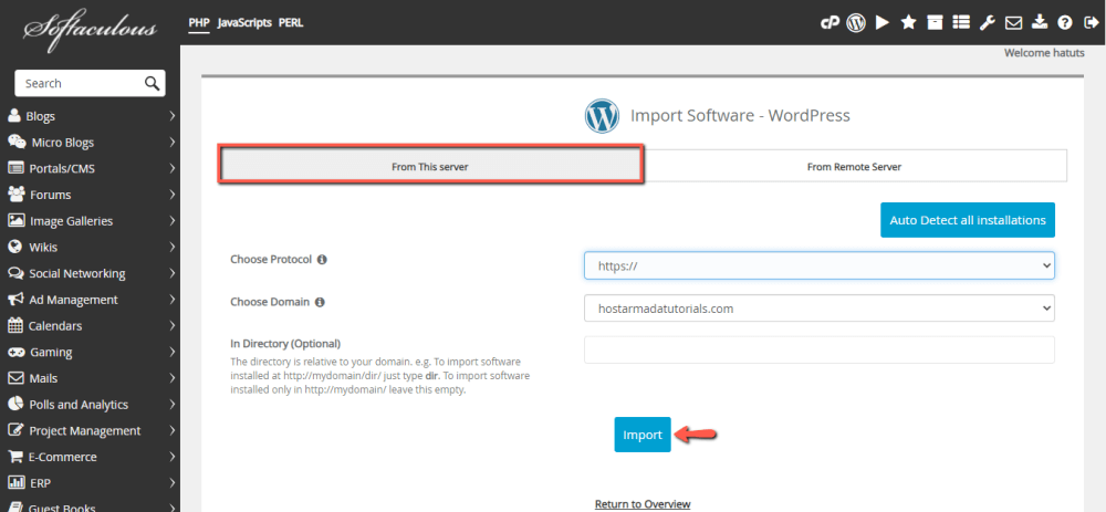 Import a single manual WordPress installation is Softaculous
