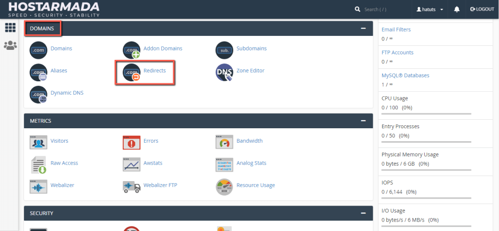 Access the 'Redirects' feature in cPanel