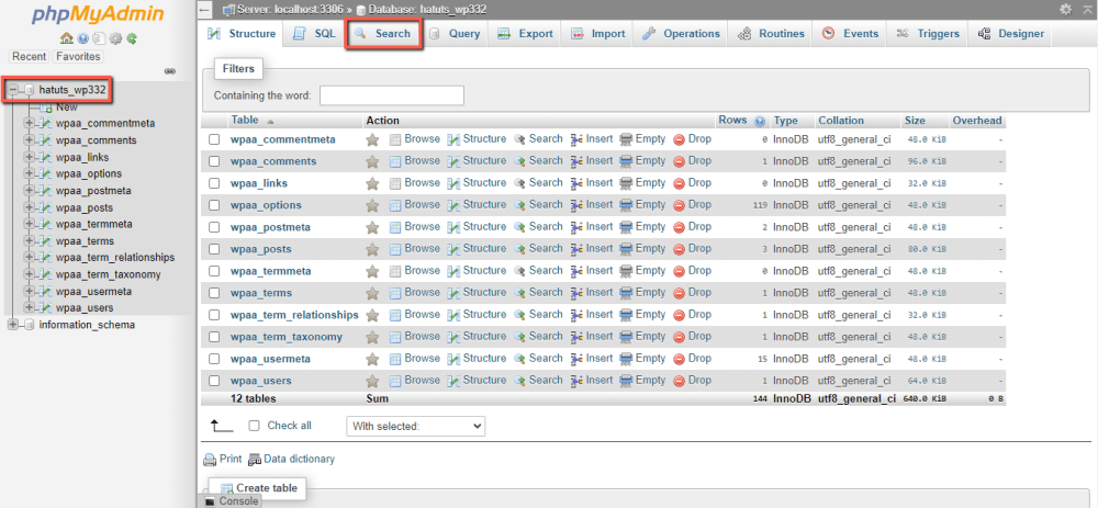 phpMyAdmin Database Search Function