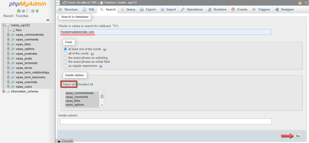 Search MySQL Database for a String in phpMyAdmin