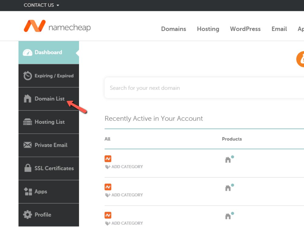 Access the 'Domain List' in Namecheap