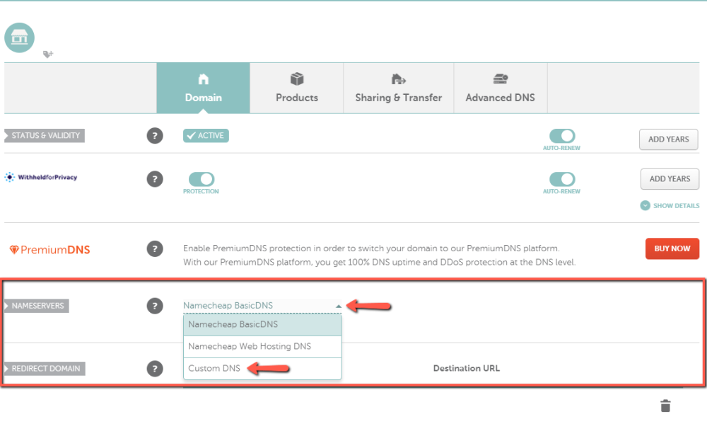 Choose Custom DNS for a domain name registered with Namecheap