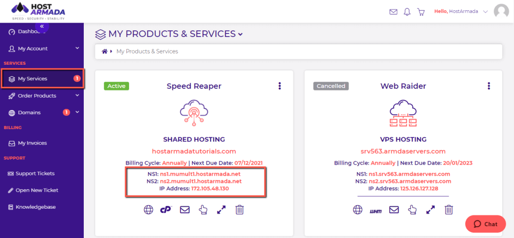 Find the nameservers of your HostArmada Hosting Plan