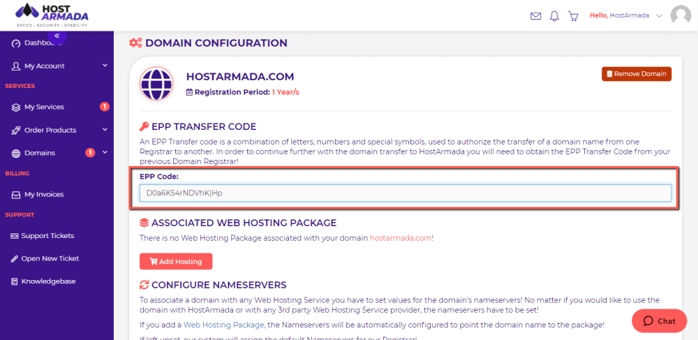 Enter the EPP key (Authorization Code) for the Domain Transfer