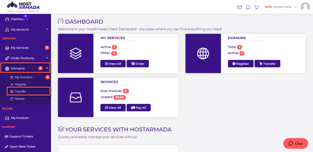 Access HostArmada Domain Transfer section