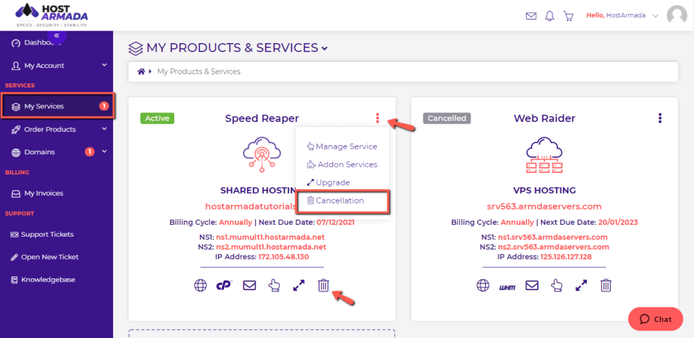 Request HostArmada Service Cancellation