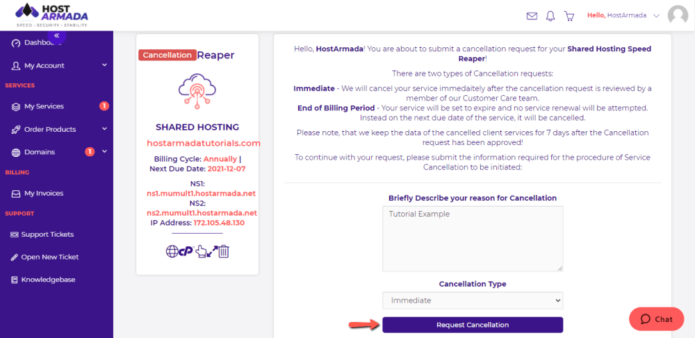 Submit HostArmada Service Cancellation Request