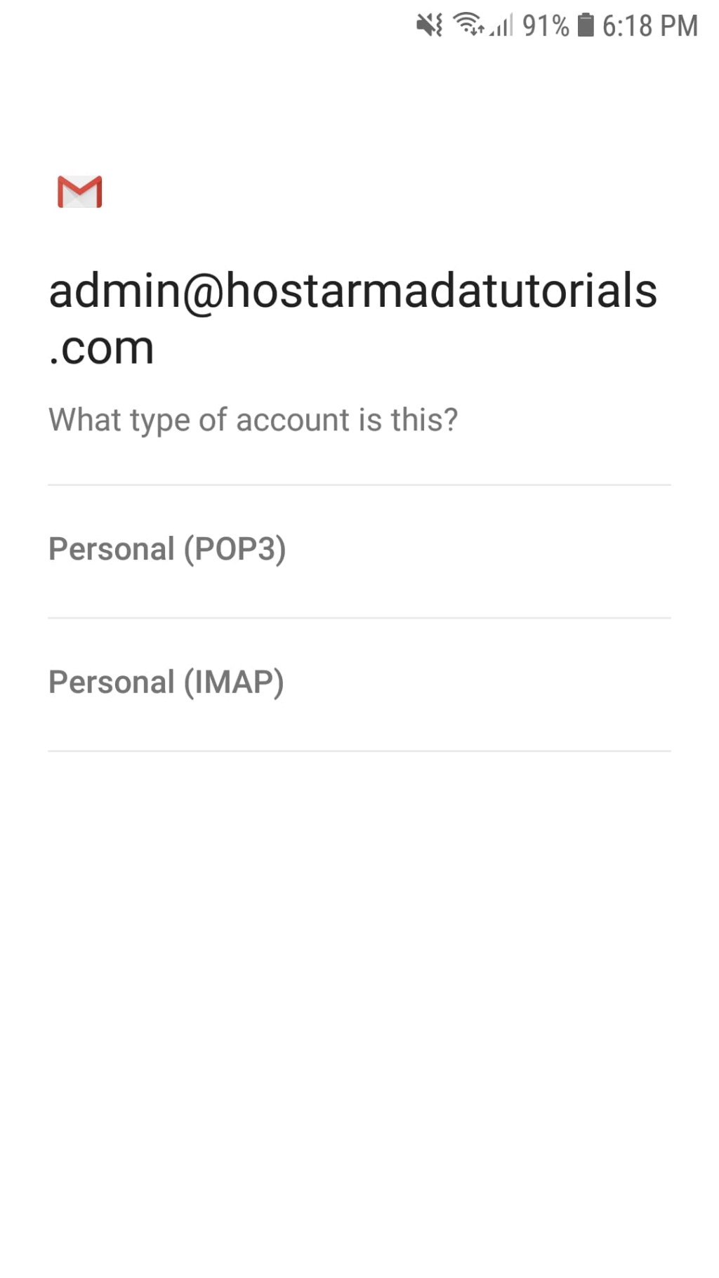 Selecting IMAP or POP3 configuration