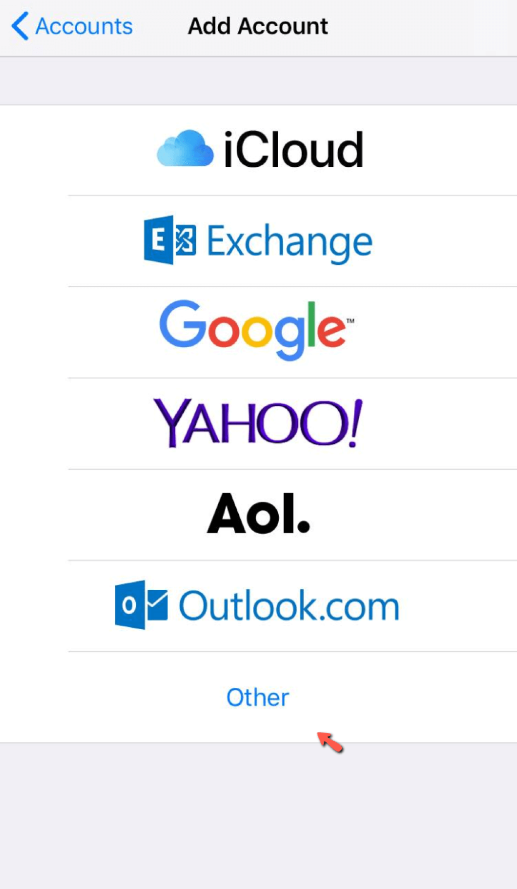 Selecting the Other email account type