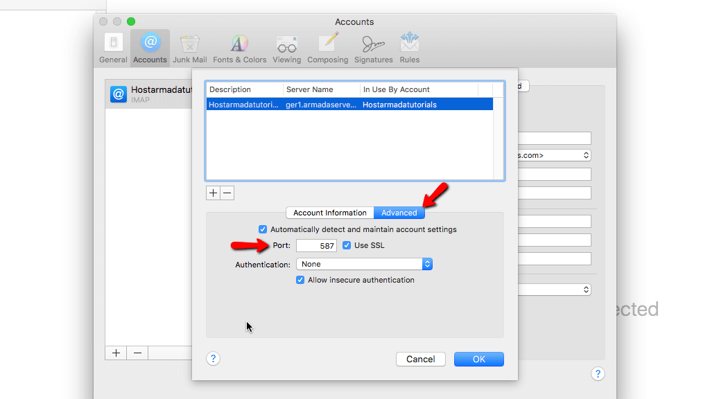 Configure Outgoing Mail server port 