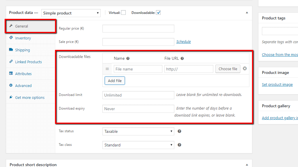 Downloadable product General settings