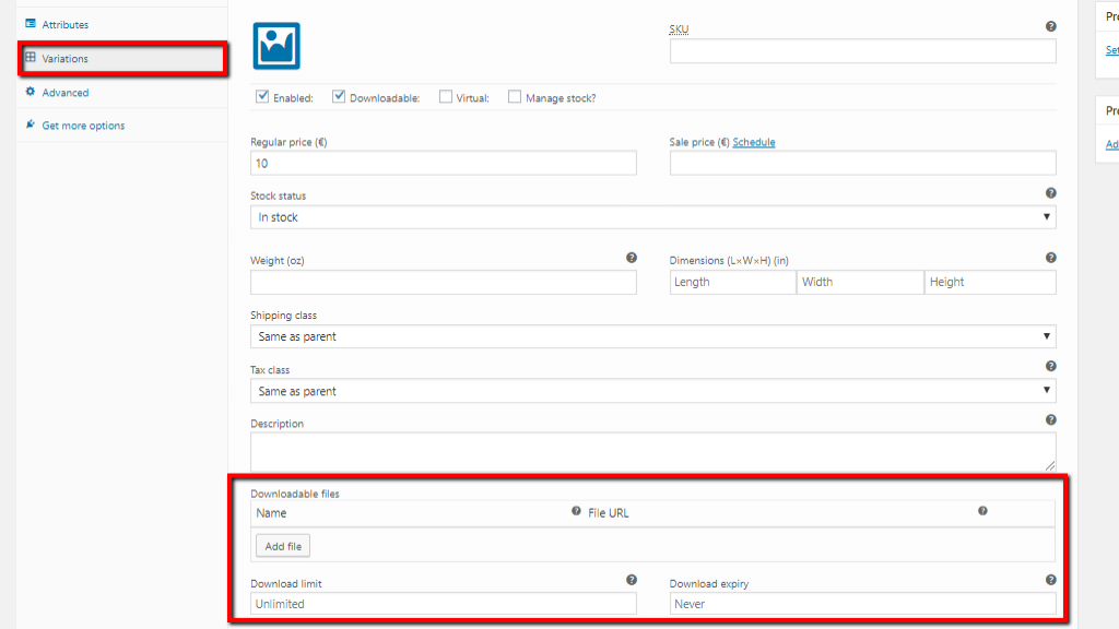Downloadable product Variation settings
