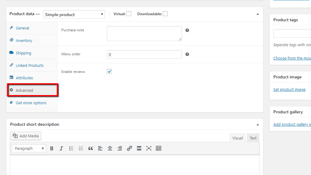 Simple product Advanced settings