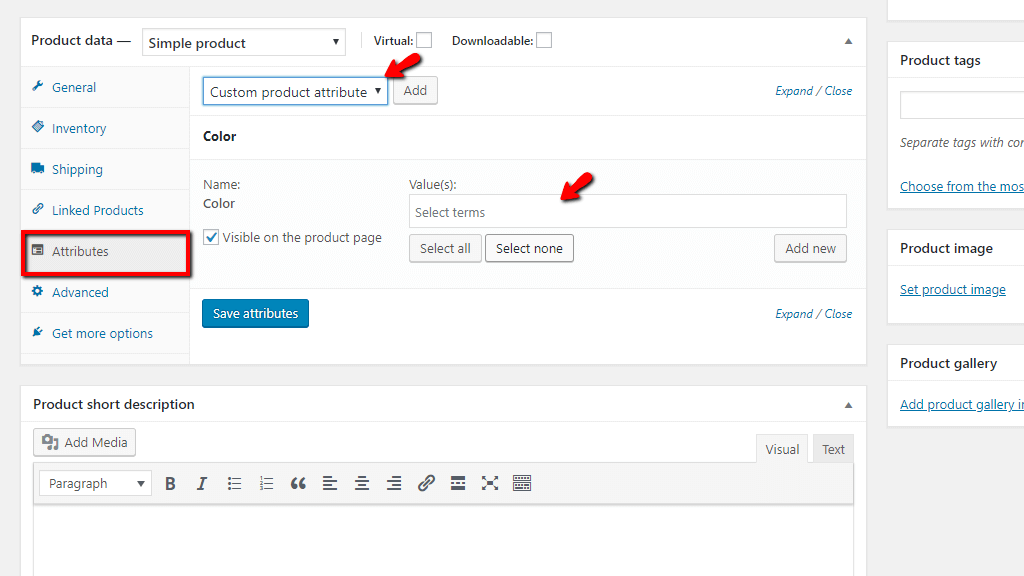 Simple product attribute settings
