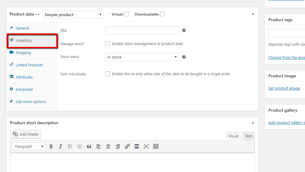 Simple product Inventory settings
