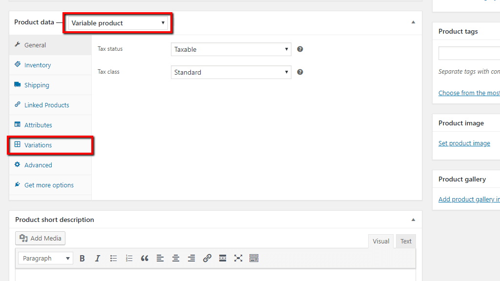 Variable product Variation settings