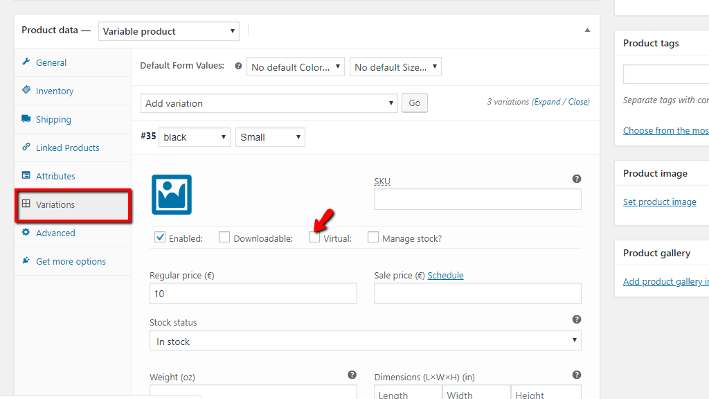 Virtual product Variation settings